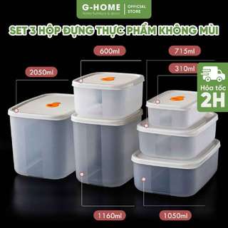 Set 3 hộp nhựa đựng thực phẩm tủ lạnh có nắp Ghome hộp bảo quản thức ăn nắp kín silicon TI24M25