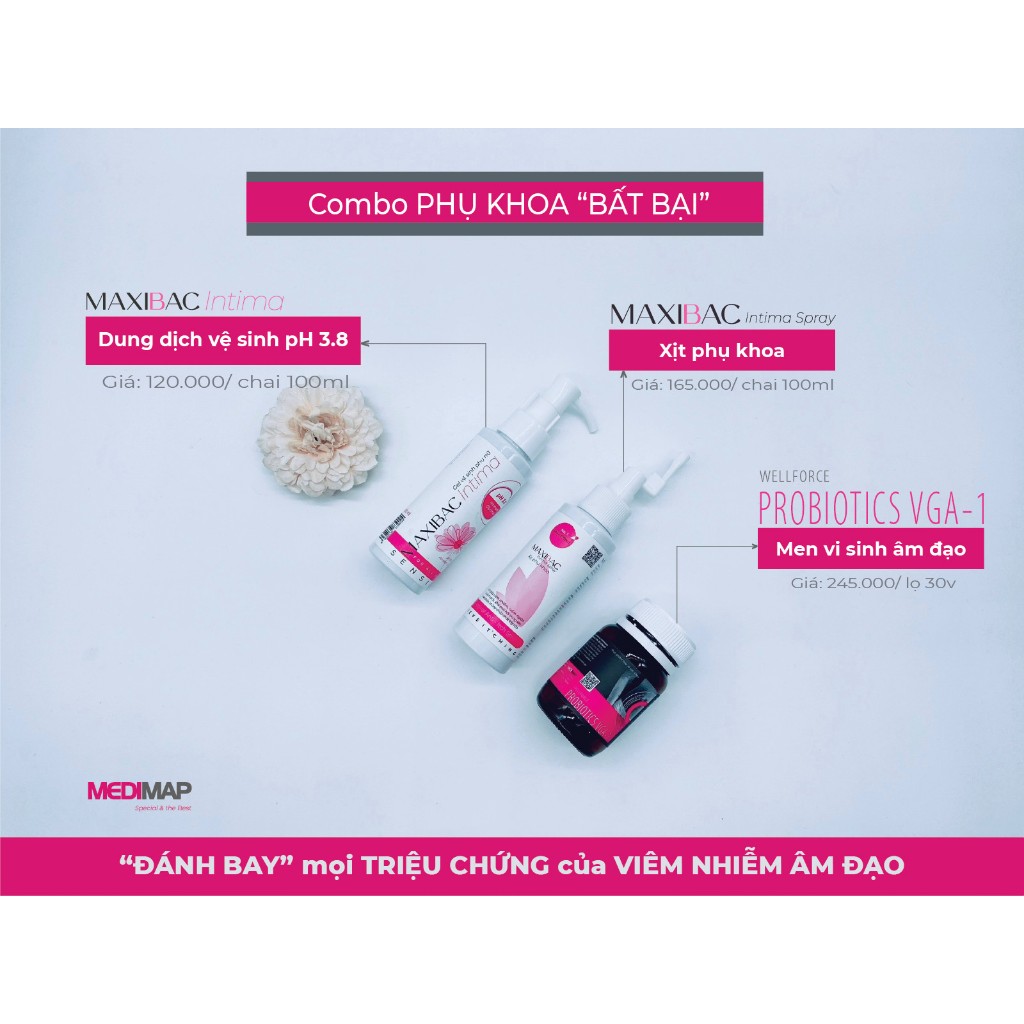 Combo xịt, rửa, Men vi sinh phụ khoa hỗ trợ giảm mọi triệu chứng của viêm nhiễm phụ khoa - Medimap