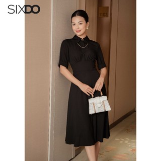 Đầm đen tay lửng SIXDO (Black Short Sleeves Midi Woven Dress) (không kèm phụ kiện)