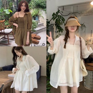 Sét jumsuit 2 dây bo chun ngực kèm áo sơ mi tay bồng chất voan đũi mát mịn trắng nâu. sơ mi nữ kiểu hàn quốc