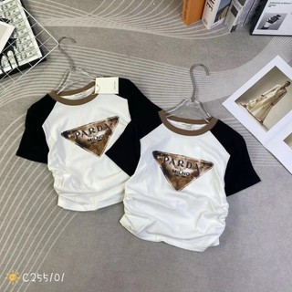 Áo thun croptop nữ cổ tròn tay ngắn pha màu chữ PRA nhún ríu eo hàng Quảng Châu chất cotton, áo phông baby tee hè 255101