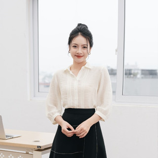 Áo Sơ Mi Nữ Xếp Ly Ngực, LAMER Sơ Mi Nữ Tơ Lụa Dài Tay Cổ Bẻ Dáng Suông L61H24Q006