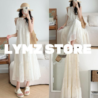 Váy maxi cổ yếm buộc nơ xinh họa tiết bướm đầm maxi-lymzstore