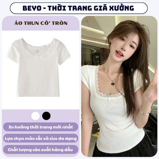  Áo thun croptop Beyo áo thun baby tee ngắn tay cổ tròn đính nơ viền ren phong cách trẻ trung năng động T054 
