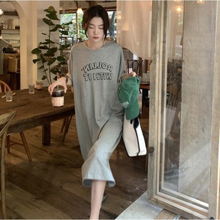 Váy dài xẻ tà in hoa chữ rộng rãi cho nữ thời trang khí chất Hàn in chữ trước TTDSA0079