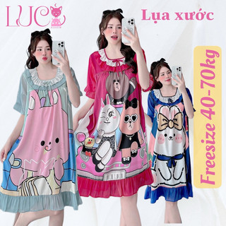Đầm đầm ngủ mặc nhà cổ vuông tròn phối bèo LỤA XƯỚC phom rộng