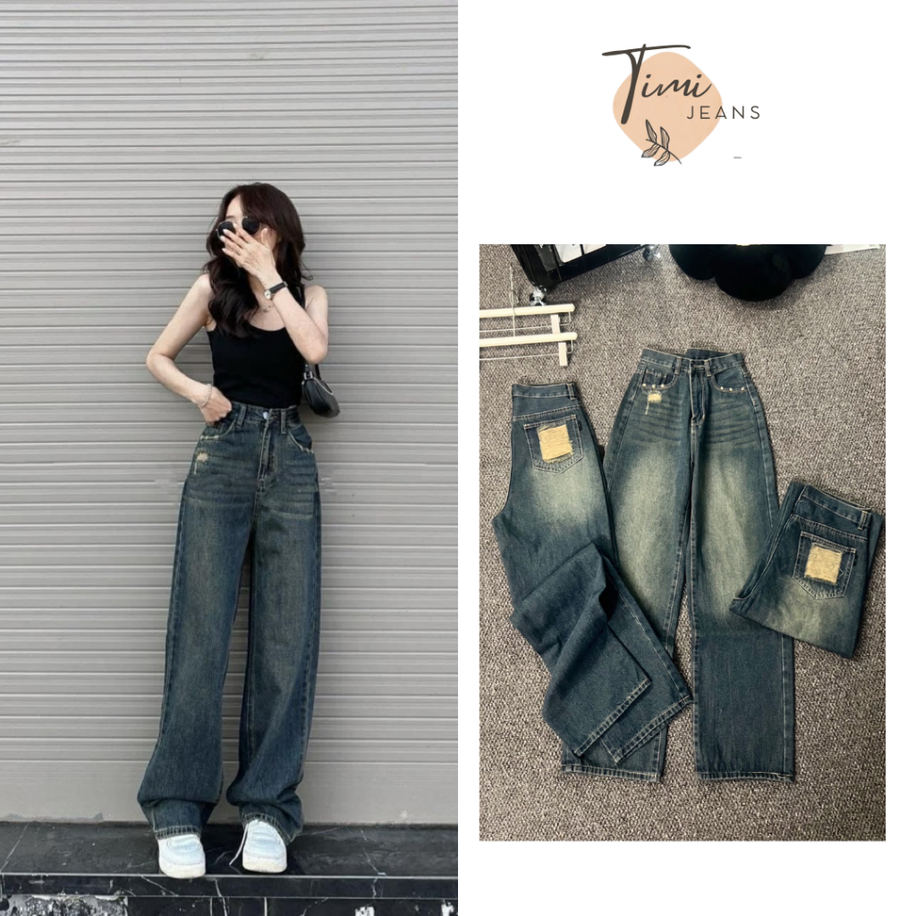 Quần Jeans Nữ Suông Ống Rộng, Quần Bò Lưng Cao Rách Túi Phong Cách, Cá Tính - TIMI JEANS (RT)