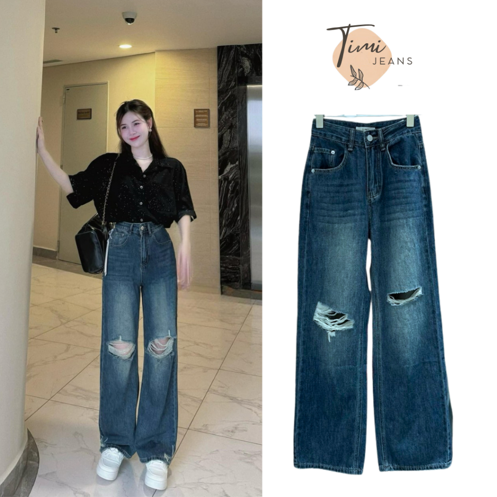 Quần Jean Suông Rách Xanh Đậm, Quần Bò Ống Rộng Phong Cách Retro Cá Tính - TIMI JEANS (RG)