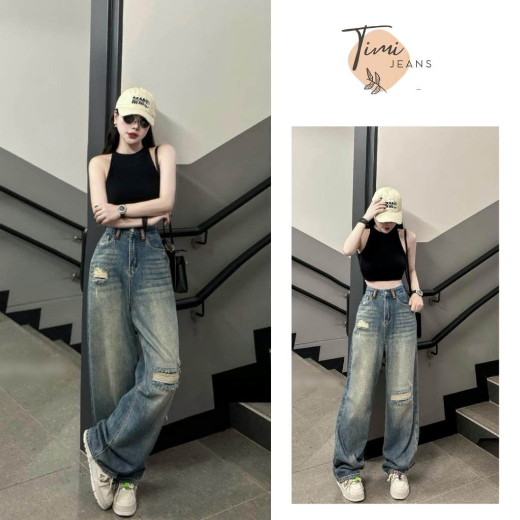 Quần Jeans Nữ Ống Rộng Rách Kiểu Phối Cạp Xinh, Quần Bò Nữ Suông Cạp Cao Phong Cách Ulzzang - TIMI JEANS (CX)