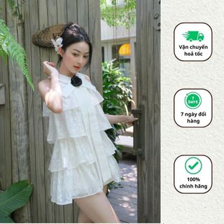 Váy Babydoll cổ yếm đính hoa sang chảnh đầm sát nách thiết kế tầng đi dạo phố Minaca clothing V279