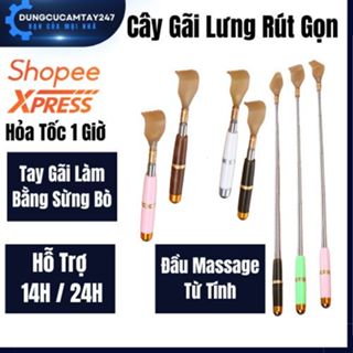 Cây Gậy Gãi Lưng Inox Rút Gọn Hình Bàn Tay Chất Liệu Sừng Bò, Đầu Massage Lăn Tròn Từ Tính, Kéo Dài 54cm