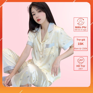 Bộ pijama nữ tay cộc quần dài bộ ngủ nữ pyjama màu be chất lụa quảng châu hàng cao cấp