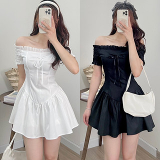 ĐẦM CÚP NGỰC VIỀN VOAN TAY TRỄ VAI ĐÍNH NƠ BO CHUN