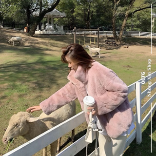 Áo khoác lông thỏ trần bông màu HỒNG PASTEL bản mới  cổ rộng cực kỳ dày dặn cực kỳ mềm mịn