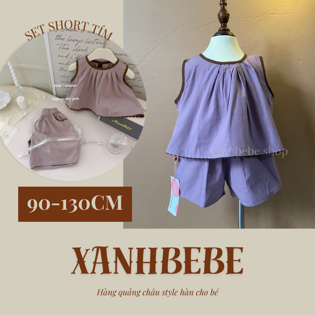 Set 2 chi tiết áo sát nách+ quần short ống rộng viền ren tím bé gái phong cách hàn quốc 1-8T