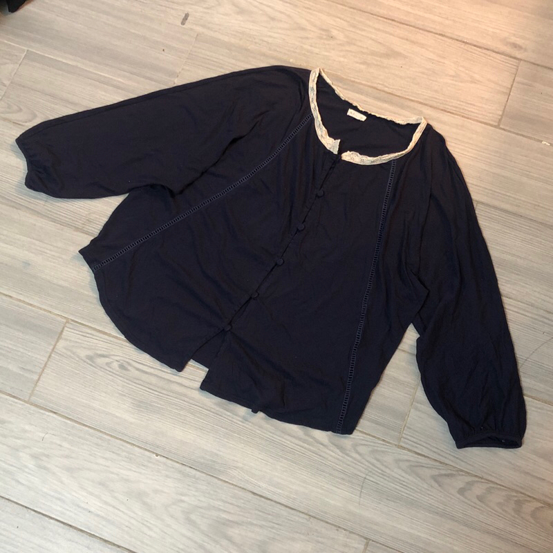 Áo dài tay phồng /Áo khoác cotton mỏng xanh đen phối ren hiệu Je fais... hàng si Hàn 2hand