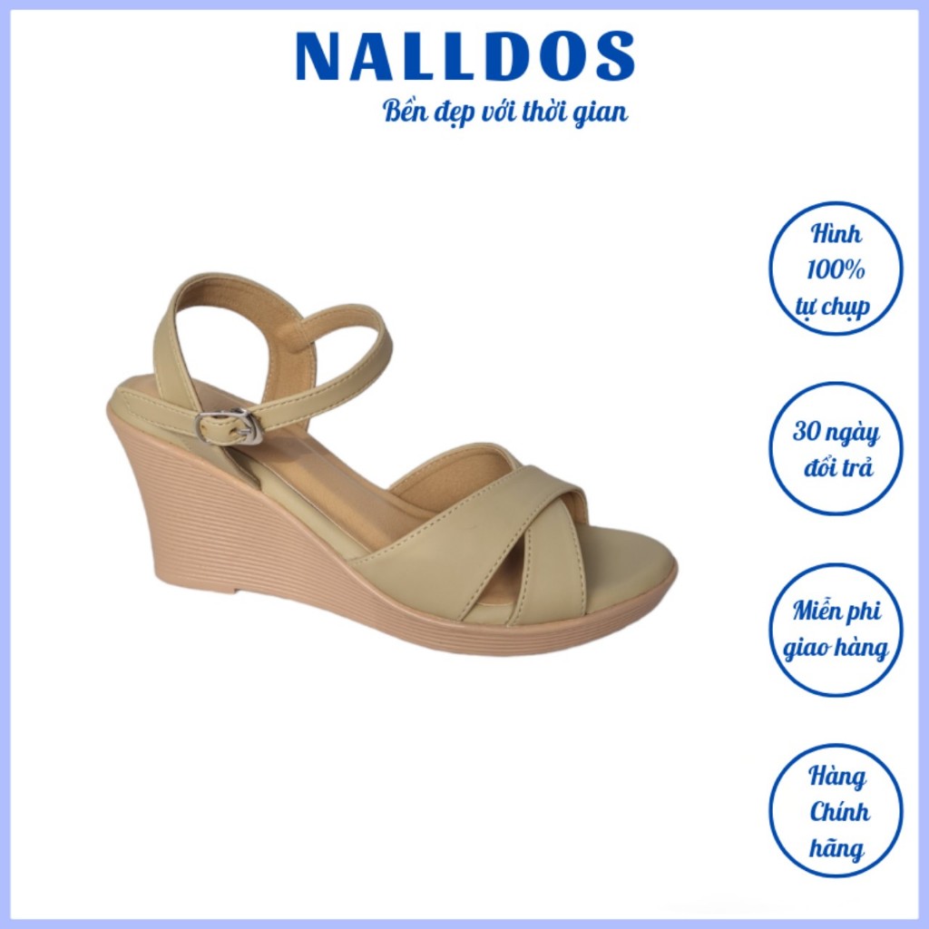 💥Form nhỏ💥Sandal xuồng nữ NALLDOS quai chéo da mềm, đế PU nguyên khối cao 7cm nhẹ và chắc chân