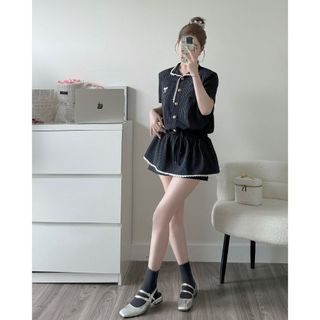 Jumpsuit Váy Cổ Tàu Phối Viền Ren Trắng Thêu Nơ Có Kèm Quần Thiết Kế Tiểu Thư Sang Chảnh - LIING