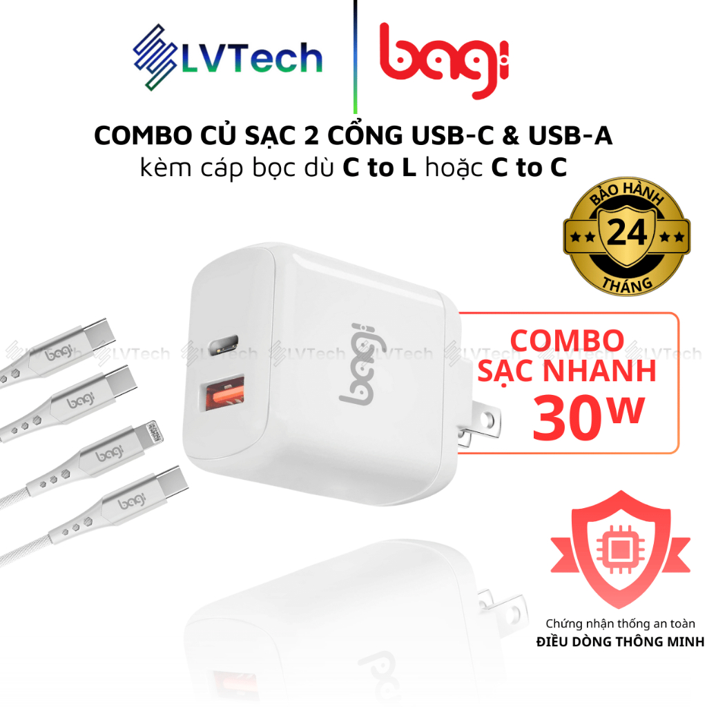 Combo Bộ Sạc Nhanh 30W BAGI - Củ Sạc Nhanh 30W & Cáp Sạc 1.2m C to L hoặc C to C Dành Cho iPhone, Sa