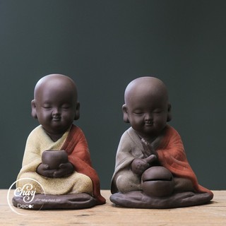  Chú Tiểu Tay Nâng Bát Chú Tiểu Gõ Mõ Bằng Gốm Tử Sa Trang Trí Phong Thủy Hàng Loại I - Chay Decor 