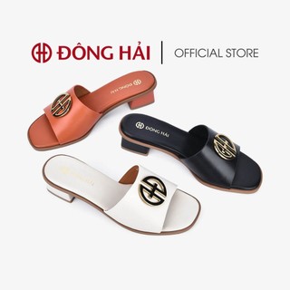 Dép cao gót nữ đông hải quai ngang đính logo đễ vuông 5cm - d32c7