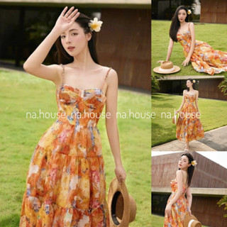 Đầm 2 dây hoa nhí dáng dài hở lưng đi chơi đi biển Nahouse váy maxi voan hoa cam vàng cột lưng thiết kế đẹp xinh sang