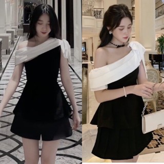 Set Áo Tuyết Mưa Lệch Vai Thắt Eo Phối Nơ Trắng 1 Bên Mix Quần Sooc Giả Váy Cực Xinh (Ảnh Thật Trải Sàn) Lollaye