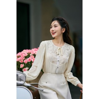 Mozz- Áo voan tơ mềm phối ren ngực và Quần sooc kem