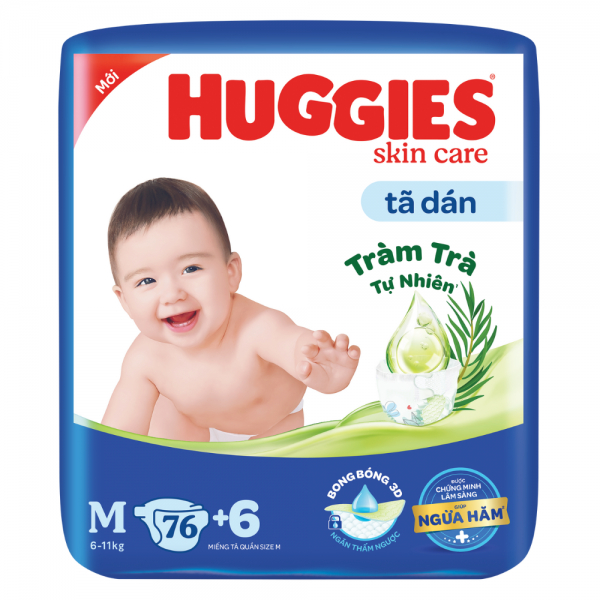 (Thêm 6 miếng)Bỉm - Tã dán Huggies size M - 76 miếng (Cho bé 6 - 11kg)