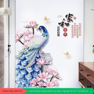 Decal dán tường chim công 3D đuôi xanh dương SK9374