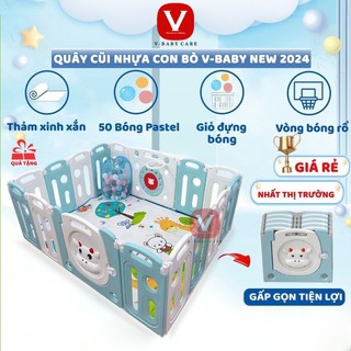 Quây Cũi Nhựa Gấp Gọn V-Baby 2024 - Tặng 100 Bóng + 1 Thảm Hai Mặt + Giỏ Đựng Bóng