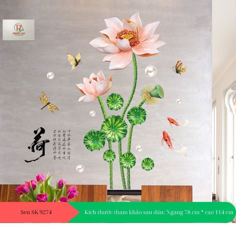 Decal dán tường 3D hoa sen hồng