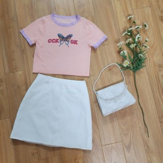 Áo len ngắn tay phối màu in họa tiết xuất Hàn (có sẵn)