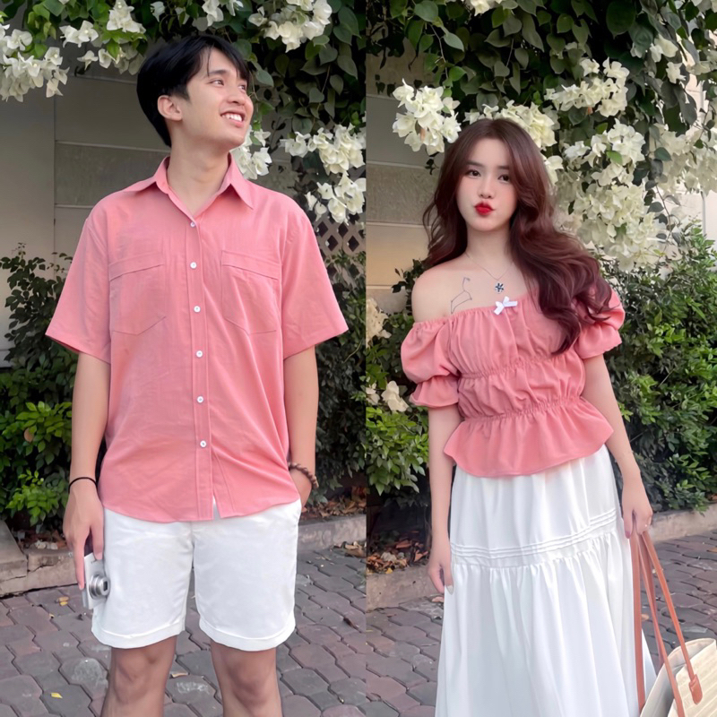 Set Đồ Đôi Nam Nữ Cùng Người Yêu Áo Sơ Mi Và Áo Trễ Vai Kết Hợp Váy Nhún Nơ 3 Tầng Vải Đũi Mát Đi Du Lịch Dạo Pố Hotheel
