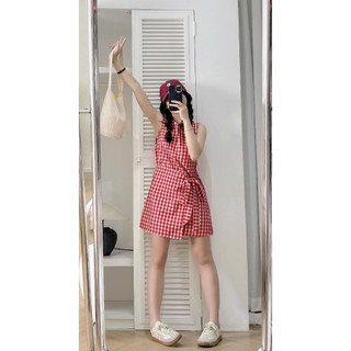 Váy Đầm Kẻ Caro Đỏ 3 Lỗ Body Dáng Ngắn Chữ A chất thô mặc đi du lịch biển mùa hè