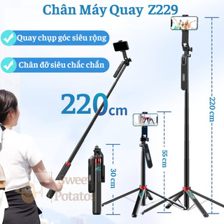 Chân máy quay điện thoại đa năng tặng 2 đèn trợ sáng Z229, Cây livestream dài 2m2 gọn 30cm chắc chắn
