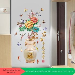 Decal dán tường 3D bình hoa mẫu đơn size to 90cm x 1m5