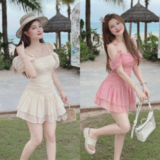  Đầm 2 dây tơ nhún có cúp ngực dáng xòe ngắn váy trễ vai 2 dây nơ bánh bèo dúm thân kèm quần chất tơ xốp 