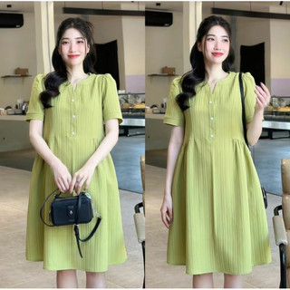 Đầm bầu, váy bầu cổ trụ tay ngắn cúc dọc chất đũi gân xốp dáng rộng đi làm, đi chơi thanh lịch thời trang