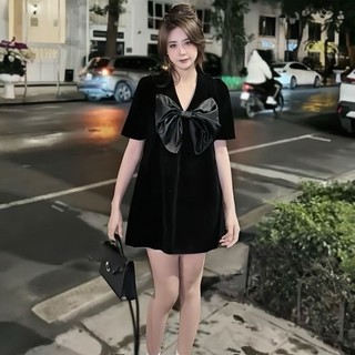 Đầm suông cổ v dáng rộng đính nơ đen to - Váy bầu thanh lịch màu đen chất đũi hàn cộc tay mặc đi làm