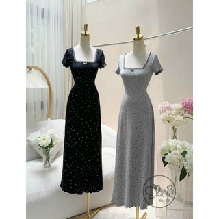 🛒 Đầm Chấm Bi Nhí Tay Ngắn Cổ Vuông Đính Nơ Viền Ren Nhí - Xòe Dài Maxi Ôm Body Sexy - Tiểu Thư Bánh Bèo Cute Sang Chảnh