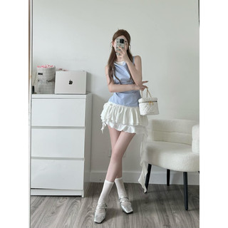 Yoni set • váy thun không tay phối chân váy bèo kèm áo sơ mi ngoài thắt nơ lưng tiểu thư