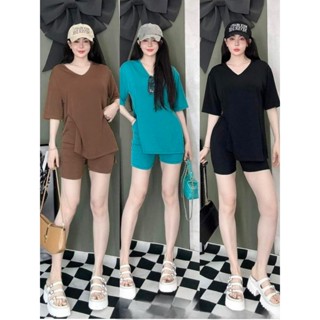 Set Bộ Nữ Thun Tăm lạnh, Đồ bộ đùi nữ mặc nhà quần ngố áo cố tim fom rộng xẻ tà d2