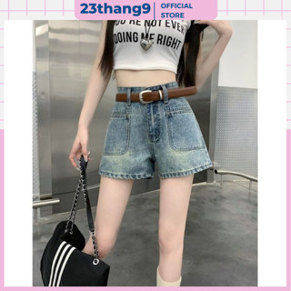 Quần short jean nữ , quần sooc bò màu xanh ống rộng lưng cao phối túi trước phong cách hàn quốc basic 23thang9