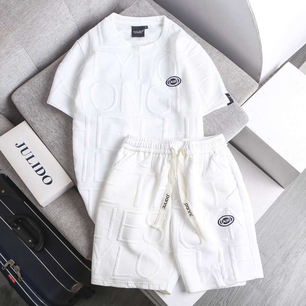 Bộ xốp nam nữ JULIDO áo tay ngắn quần short dáng rộng thời trang logo thêu