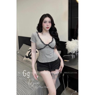 Set áo cổ v tay ngắn chấm bi viền ren kèm quần