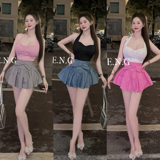 Set váy jean phối nơ mix áo cổ yếm dây buộc gợi cảm