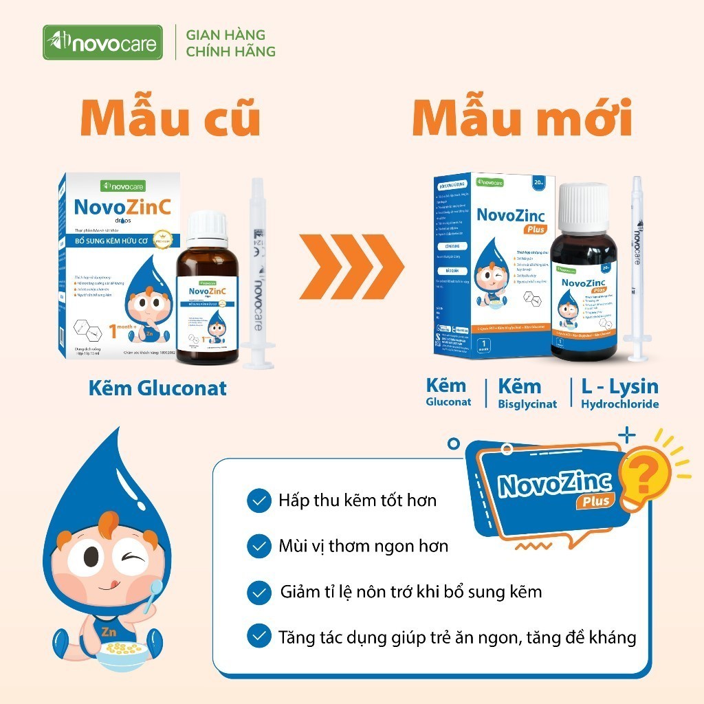 NovoZinC Plus (30ml, HD 2026)- BỔ SUNG KẼM HỮU CƠ NHỎ GIỌT, TĂNG CƯỜNG SỨC ĐỀ KHÁNG, GIÚP BÉ ĂN NGON