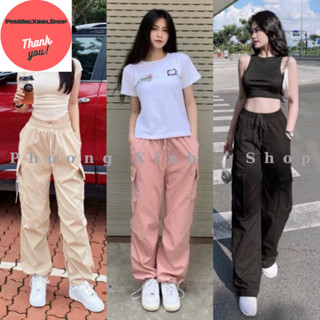 Quần Kaki ống rộng túi hộp❤️ PhươngXinh.Shop❤️ cạp chun dây rút dáng suông dài lưng cao bo gấu co giãn màu Đen kem hồng