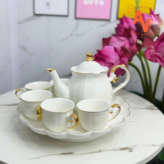 Bộ ấm trà sứ - bộ thưởng trà màu trắng kẻ chỉ vàng kim kèm khay xoay cao cấp